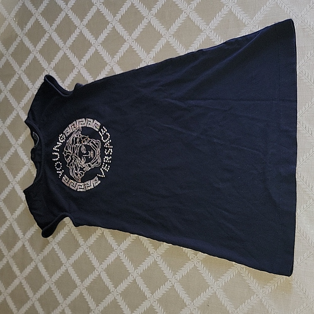 Young Versace Navy Cotton Studded Medusa Logo T-Shirt Dress
